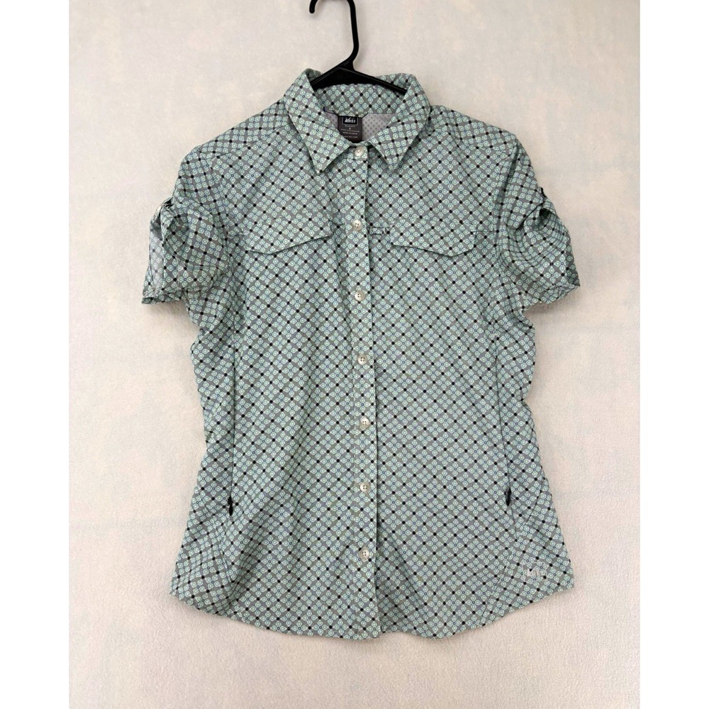 REI Gray/Green/Black Geometric Button-Front Shirt Polyester Women's Size Small